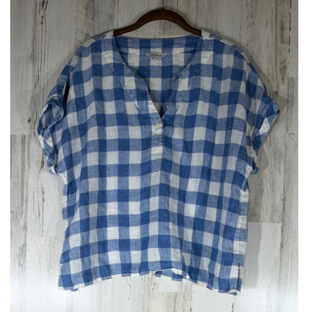 LL Bean Signature Linen Blouse Large Blue Gingham V-Neck Cap Sleeve Boxy Coastal